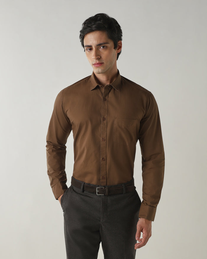 Men's Pure Cotton Plain Slim Fit Full Sleeve Casual Shirt - Brown