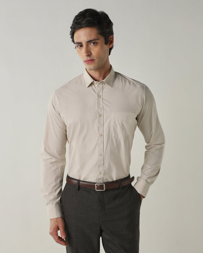 Men's Pure Cotton Plain Slim Fit Full Sleeve Casual Shirt - Off White