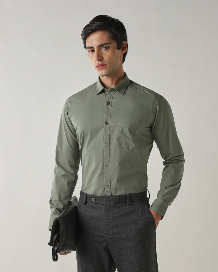 Men's Pure Cotton Plain Slim Fit Full Sleeve Casual Shirt - Green