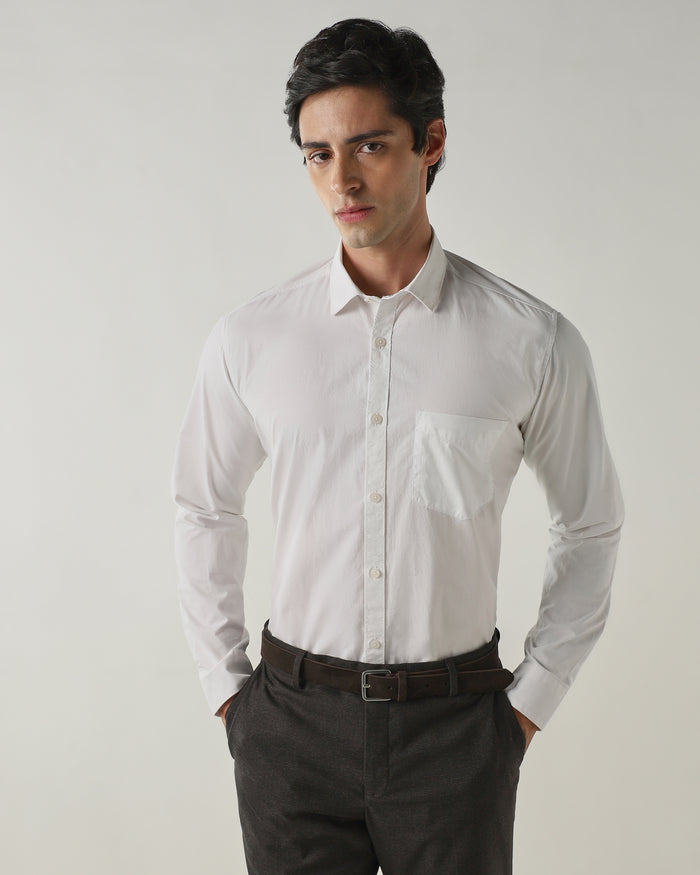 Men's Pure Cotton Plain Slim Fit Full Sleeve Casual Shirt - White