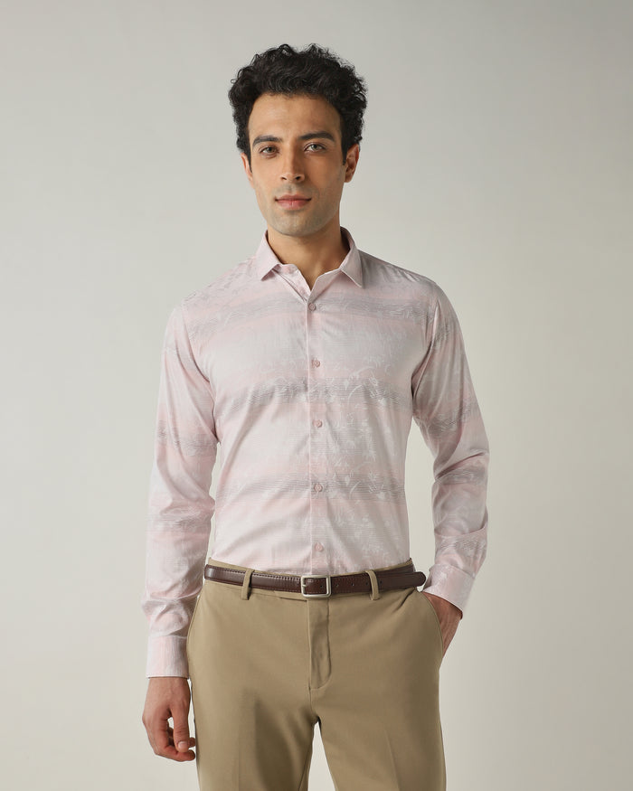 Men's Pure Cotton Jacquard Jacquard Dobby stripe Slim Fit Full Sleeve Formal Shirt - Pink