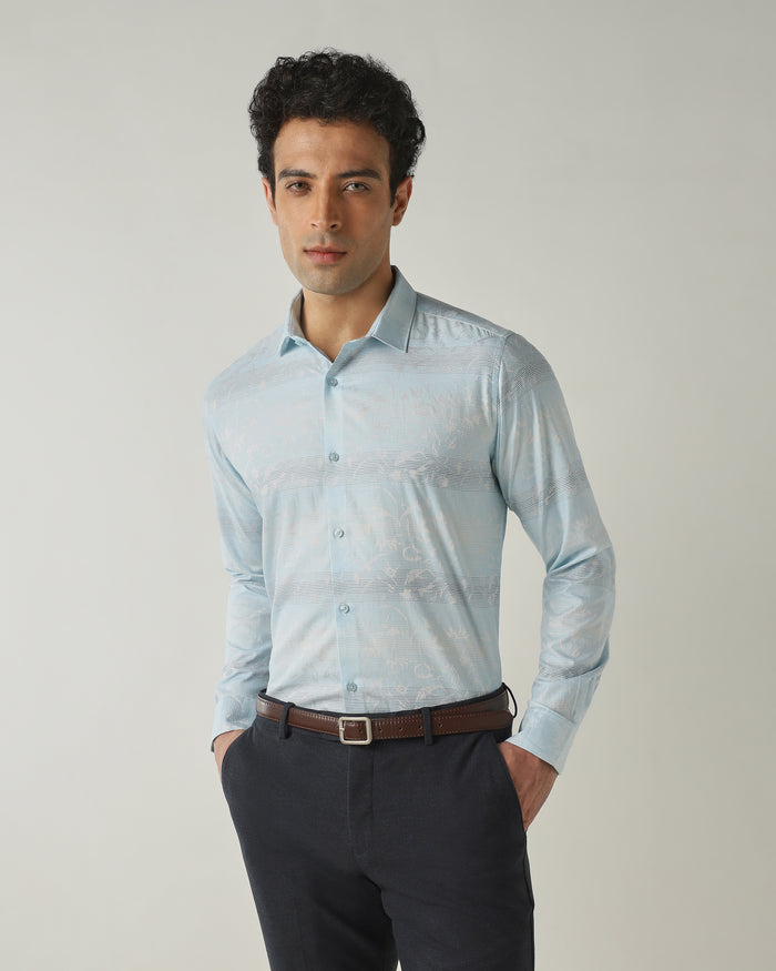 Men's Pure Cotton Jacquard Jacquard Dobby stripe Slim Fit Full Sleeve Formal Shirt - Blue