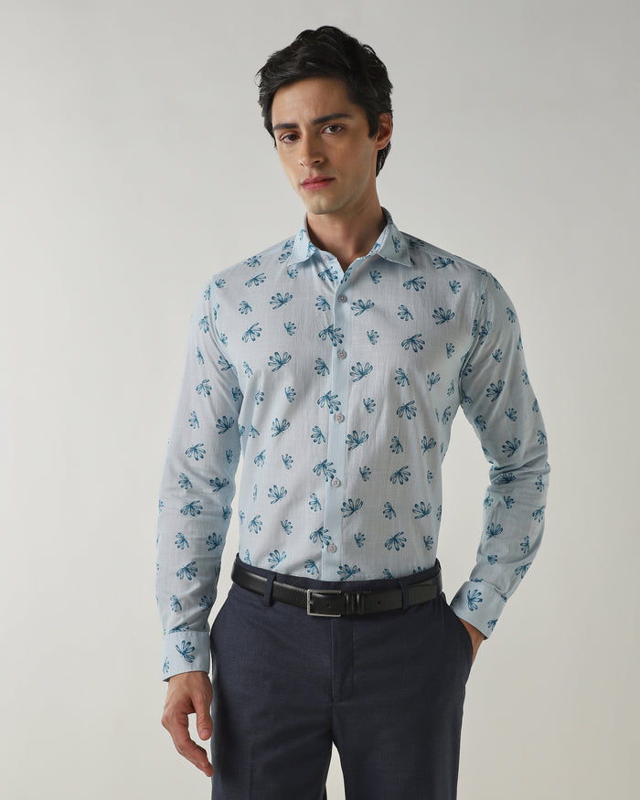 Men's Pure Cotton 30s slub Slim Fit Full Sleeve Formal Shirt - White & Blue