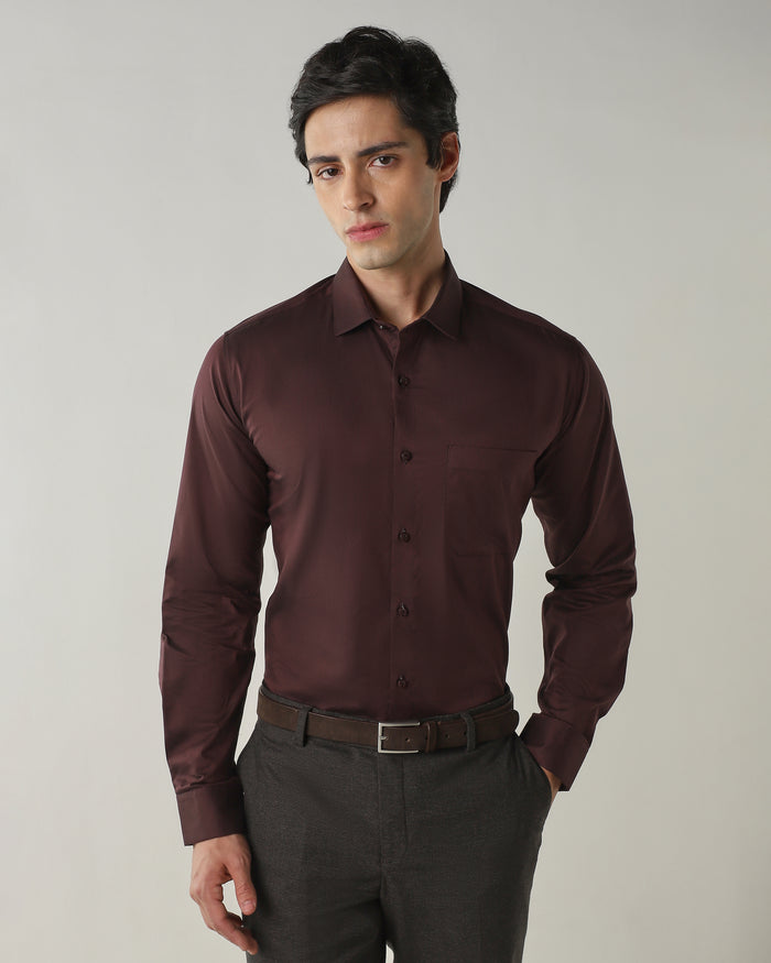Men's Pure Cotton Plain Slim Fit Full Sleeve Formal Shirt - Brown