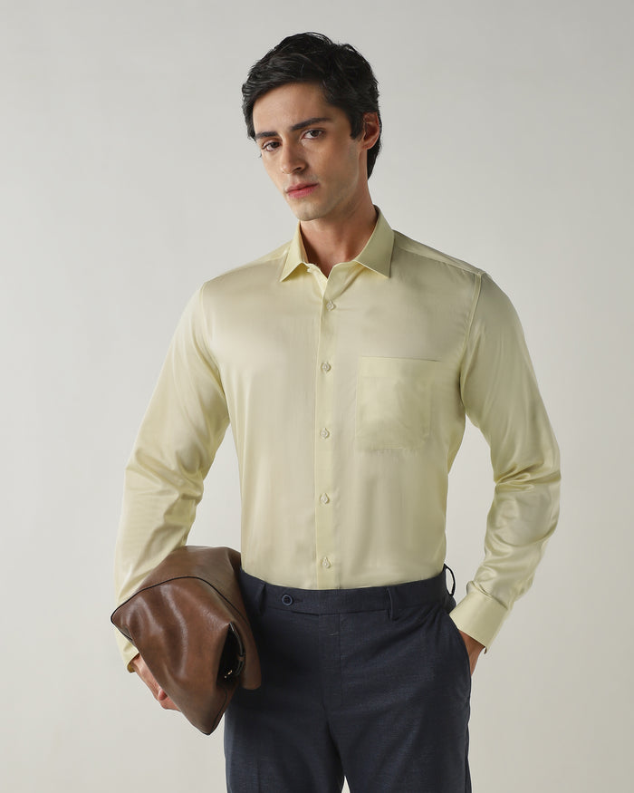 Men's Pure Cotton Plain Slim Fit Full Sleeve Formal Shirt - Yellow