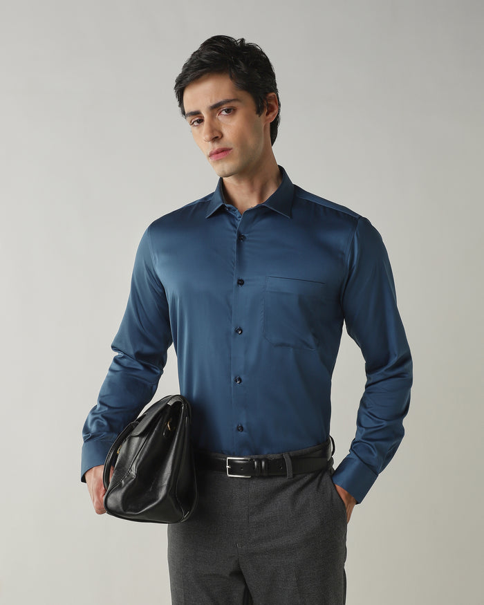 Men's Pure Cotton Plain Slim Fit Full Sleeve Formal Shirt - Blue