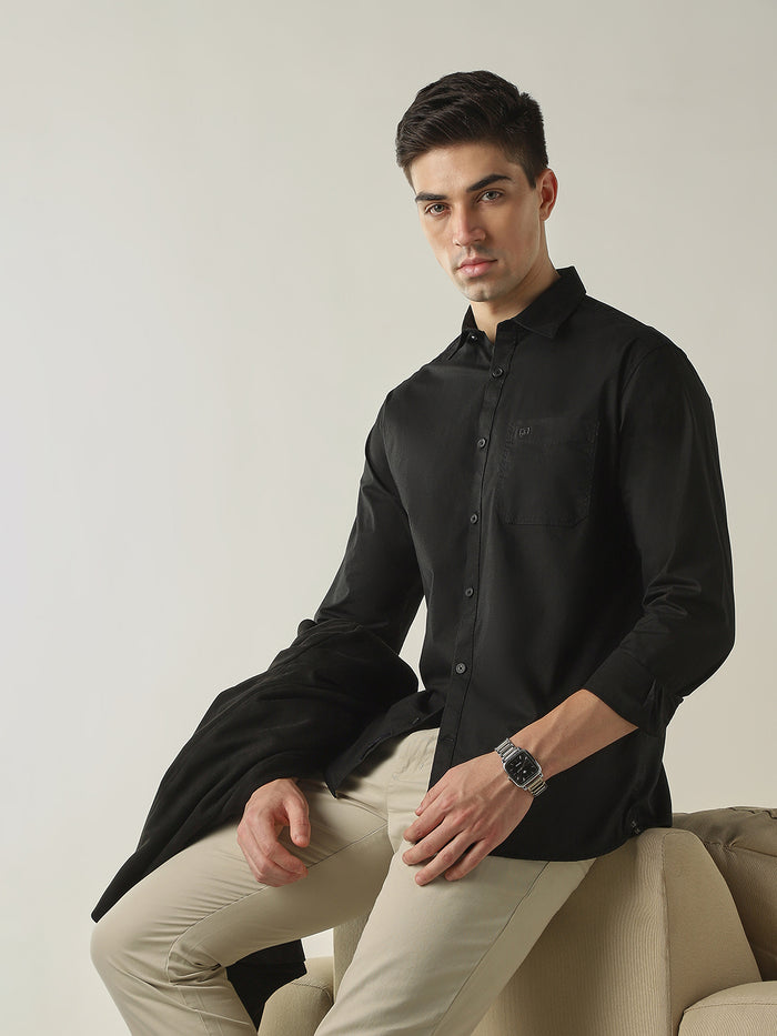 Men's Cotton Stretch Ripstop Slim Fit Full Sleeve Casual Shirt - Black