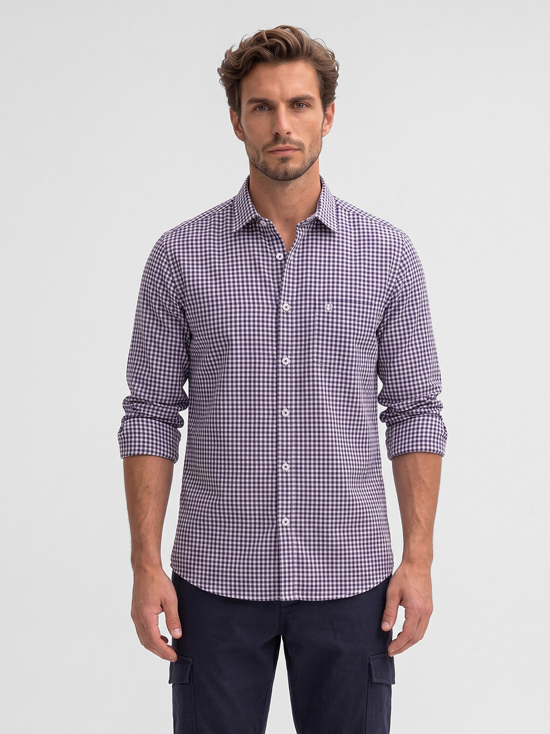 Men's Pure Cotton Checks Regular Fit Full Sleeve Casual Shirt - Purple