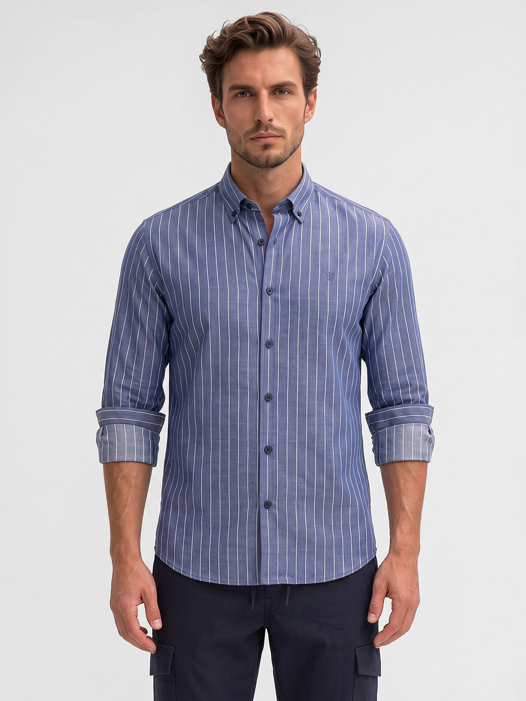 Men's Pure Cotton Stripes Slim Fit Full Sleeve Casual Shirt - Blue