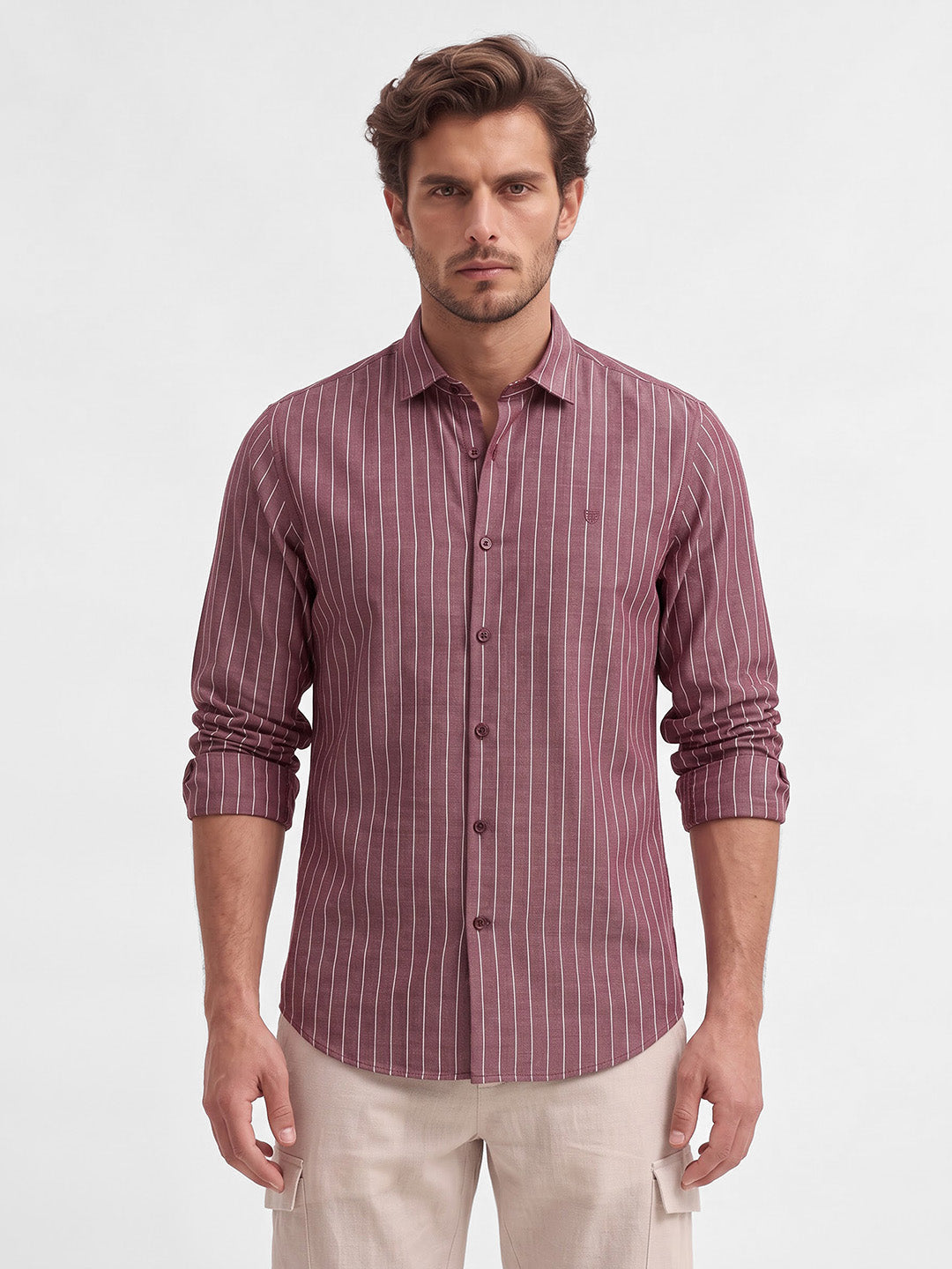 Men's Pure Cotton Stripes Slim Fit Full Sleeve Casual Shirt - Red