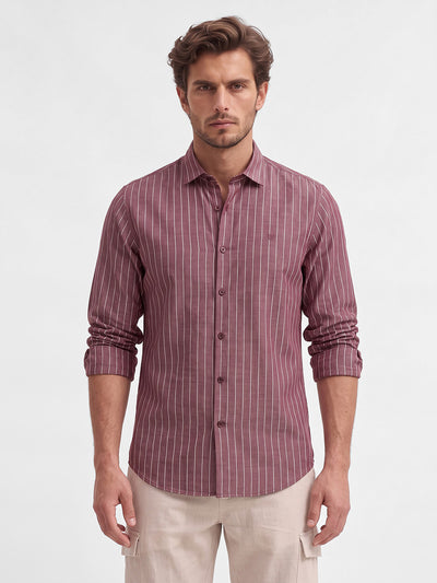 Men's Pure Cotton Stripes Slim Fit Full Sleeve Casual Shirt - Red