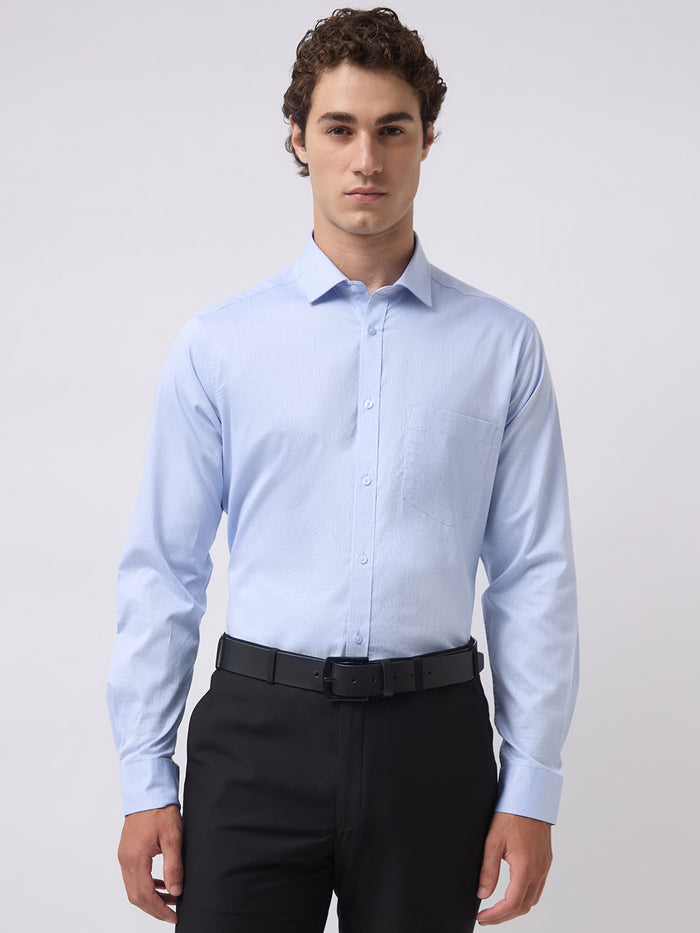 Men's Pure Cotton Dobby Solid Regular Fit Full Sleeve Formal Shirt - Blue