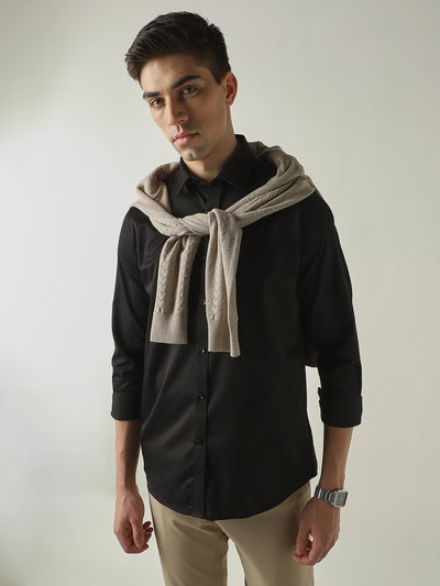 Men's Cotton Stretch Solid Slim Fit Full Sleeve Casual Shirt - Black