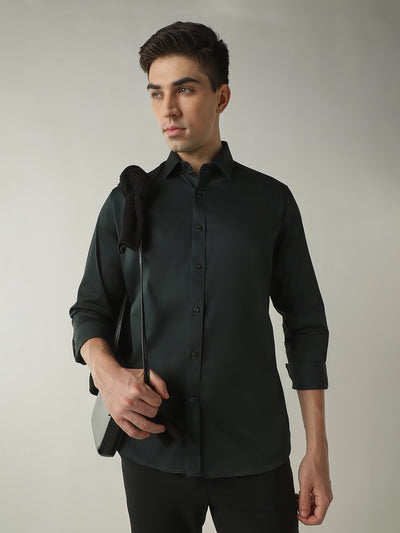 Men's Cotton Lycra Solid Slim Fit Full Sleeve Casual Shirt - Green