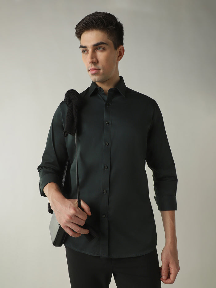 Men's Cotton Lycra Solid Slim Fit Full Sleeve Casual Shirt - Green