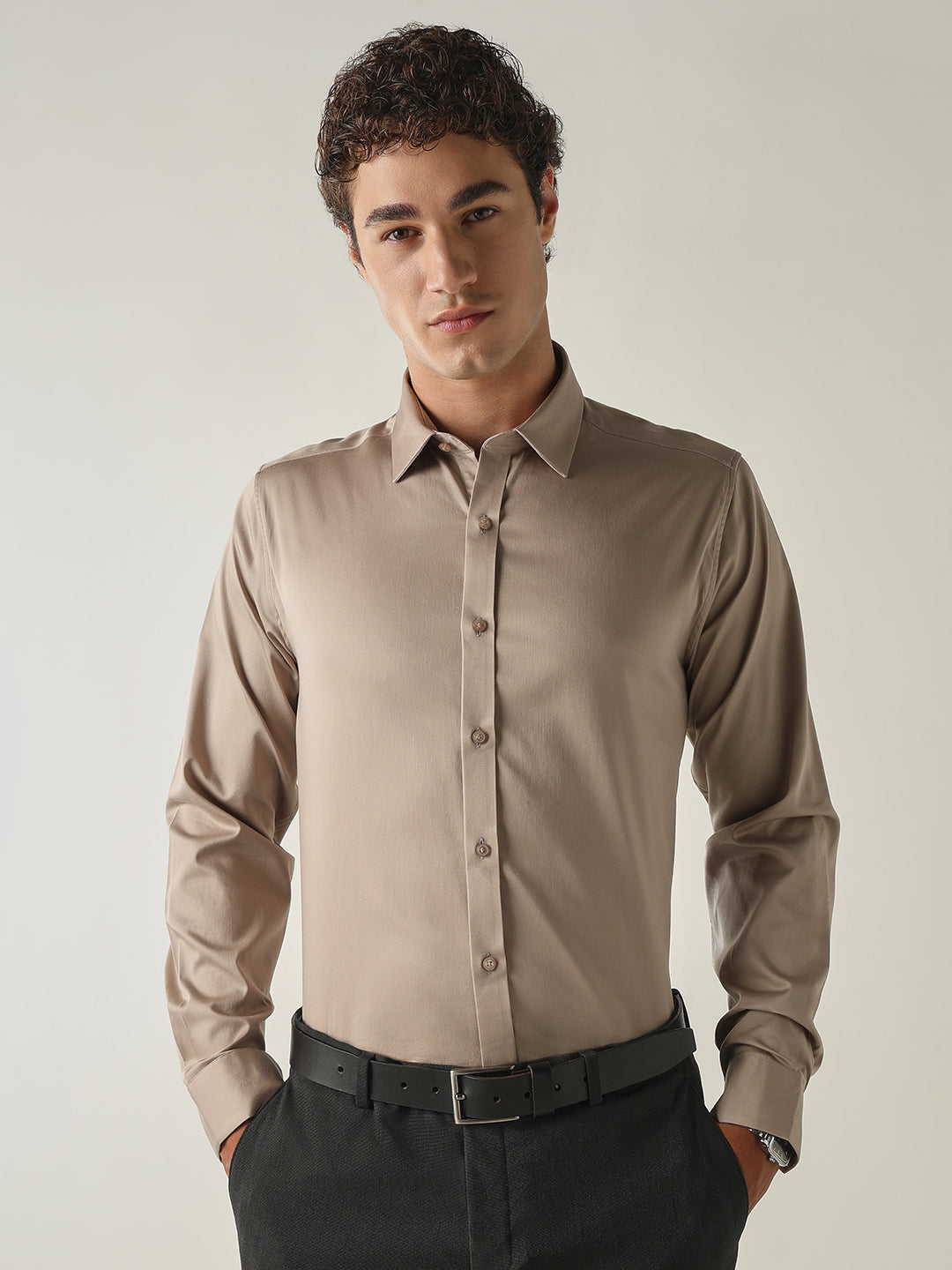 Men's Cotton Stretch Solid Slim Fit Full Sleeve Casual Shirt - Beige