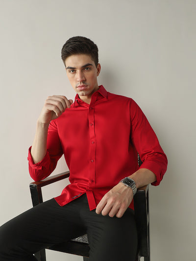 Men's Cotton Stretch Solid Slim Fit Full Sleeve Casual Shirt - Red