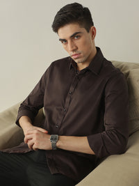 Men's Cotton Lycra Solid Slim Fit Full Sleeve Casual Shirt - Brown