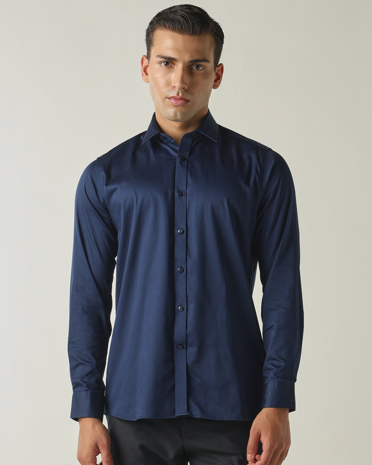 Men's Cotton Elastane Solid Slim Fit Full Sleeve Formal Shirt - Blue