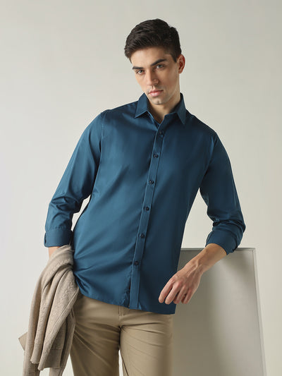 Men's Cotton Stretch Solid Slim Fit Full Sleeve Casual Shirt - Teal