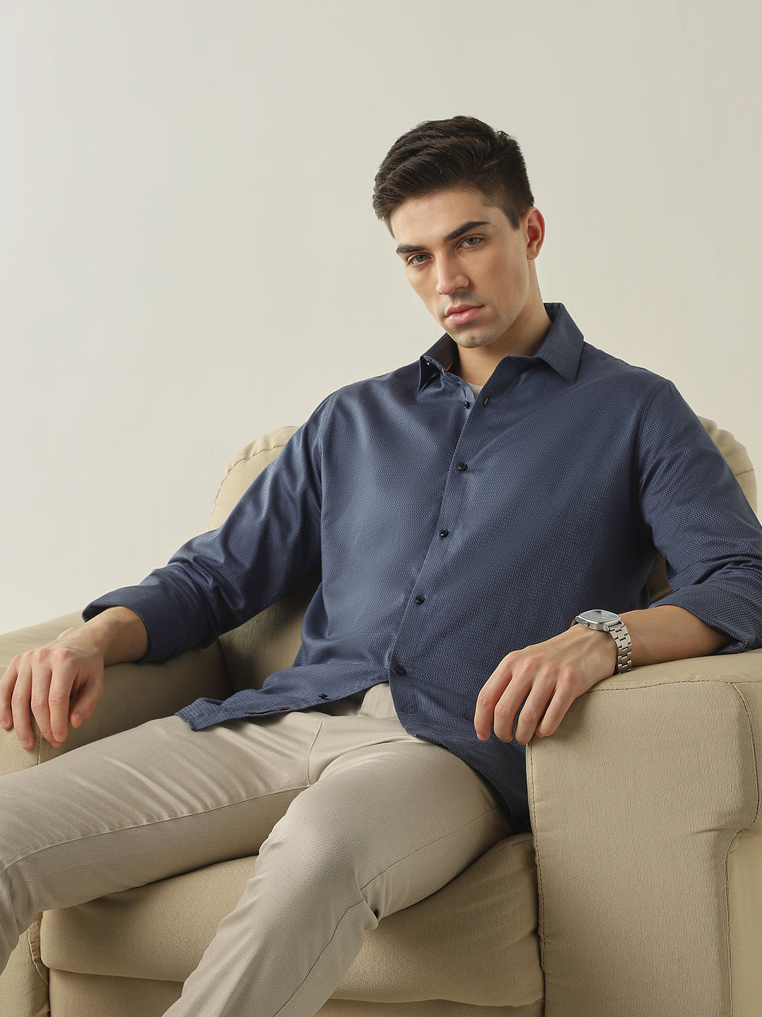 Men's Pure Cotton Dobby Solid Slim Fit Full Sleeve Casual Shirt - Blue