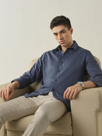 Men's Pure Cotton Dobby Solid Slim Fit Full Sleeve Casual Shirt - Blue