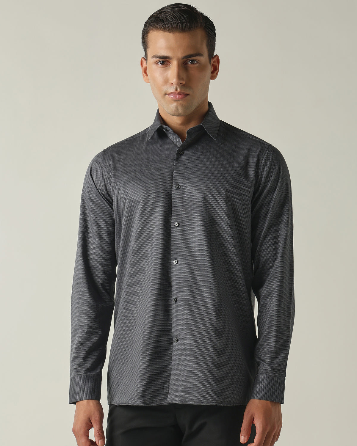 Men's Pure Cotton Dobby Solid Slim Fit Full Sleeve Formal Shirt - Grey