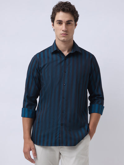 Men's Pure Cotton Stripes Slim Fit Full Sleeve Casual Shirt - Teal