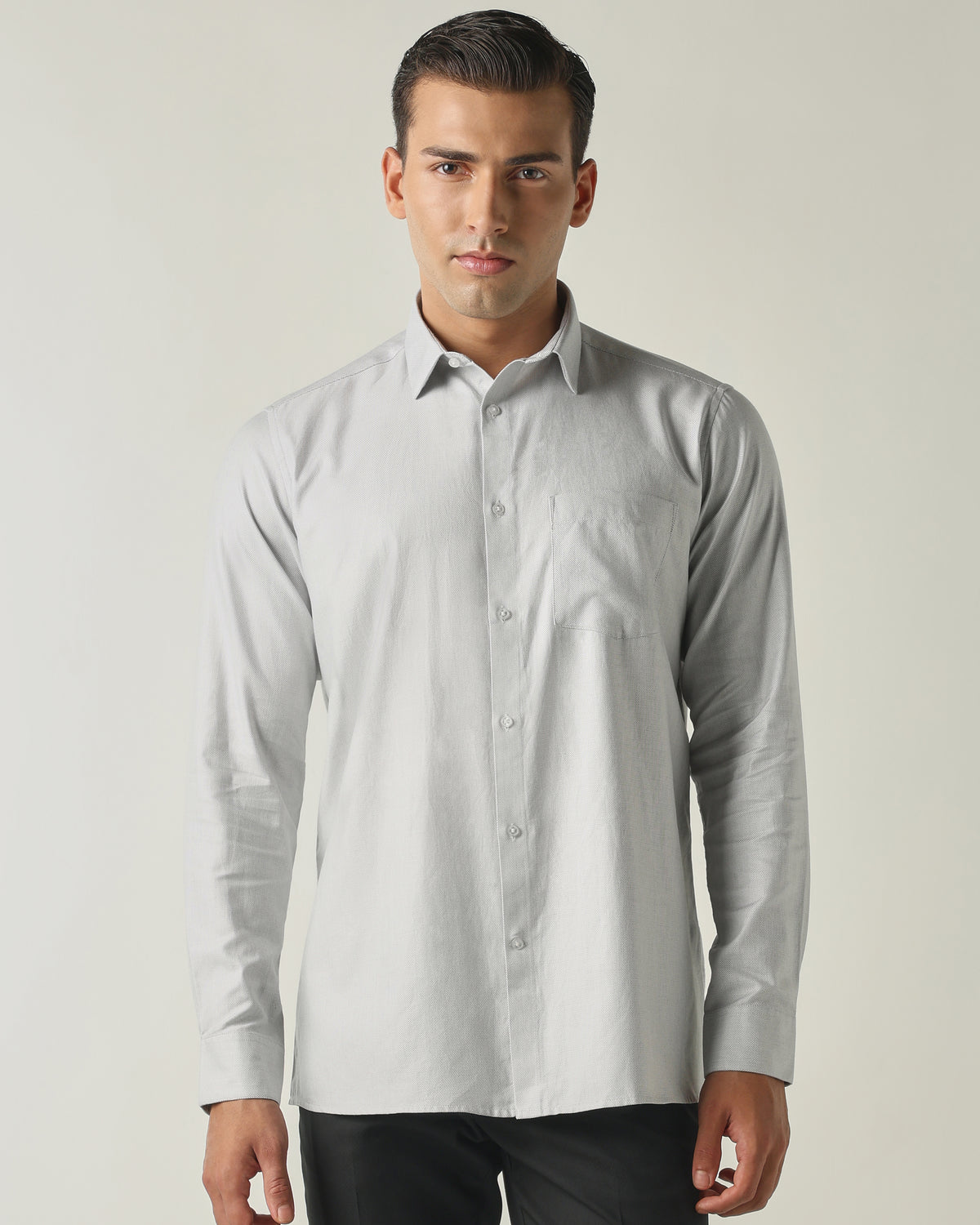 Men's Pure Cotton Dobby Solid Regular Fit Full Sleeve Formal Shirt - Grey
