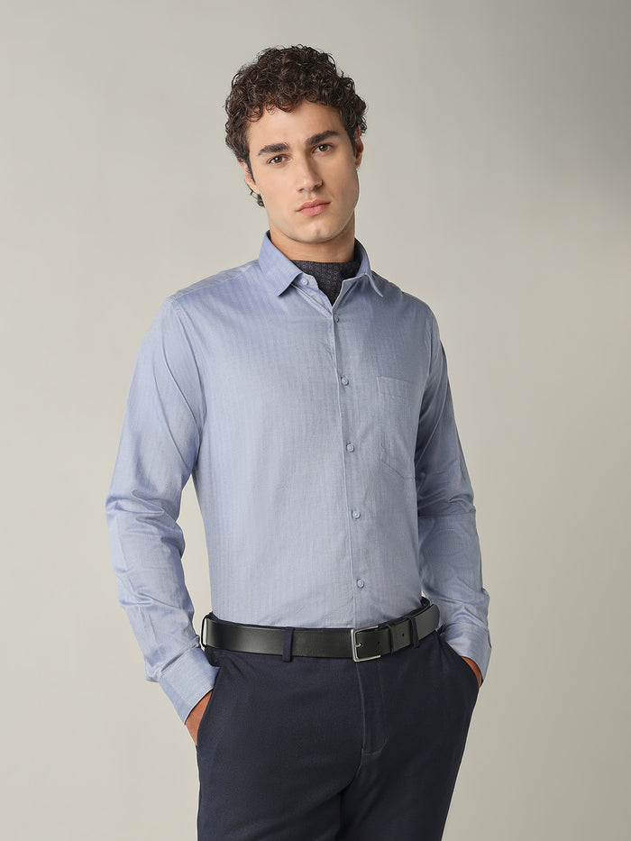 Men's Pure Cotton Herringbone Solid Regular Fit Full Sleeve Formal Shirt - Navy