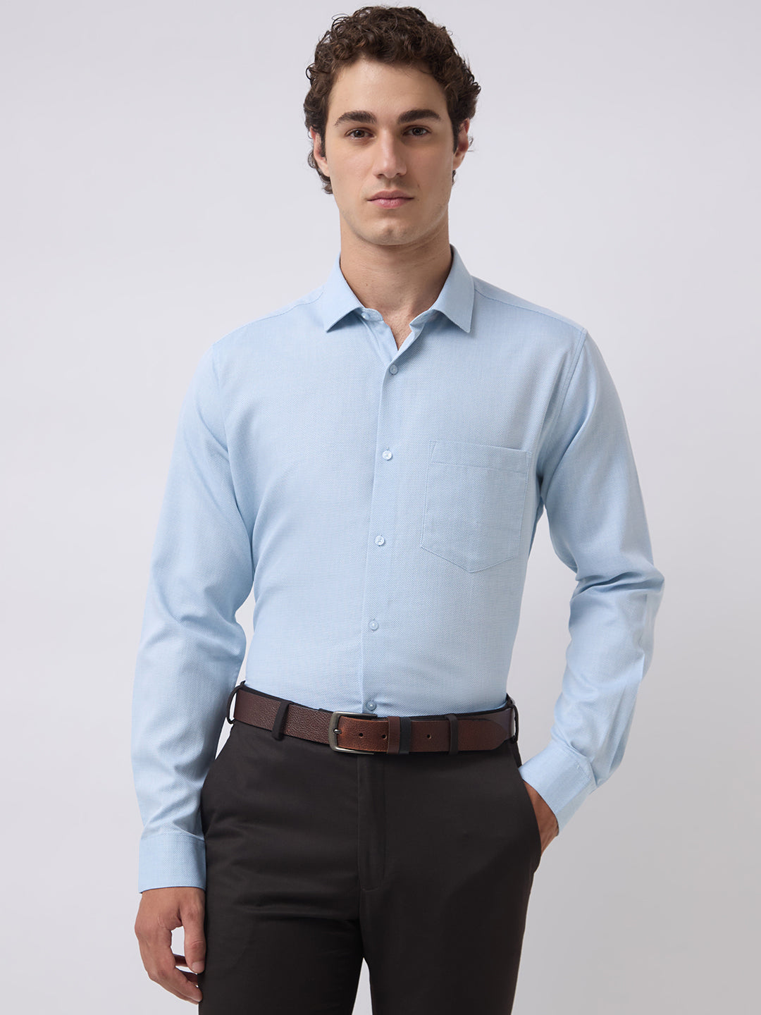 Men's Pure Cotton Dobby Solid Regular Fit Full Sleeve Formal Shirt - Aqua