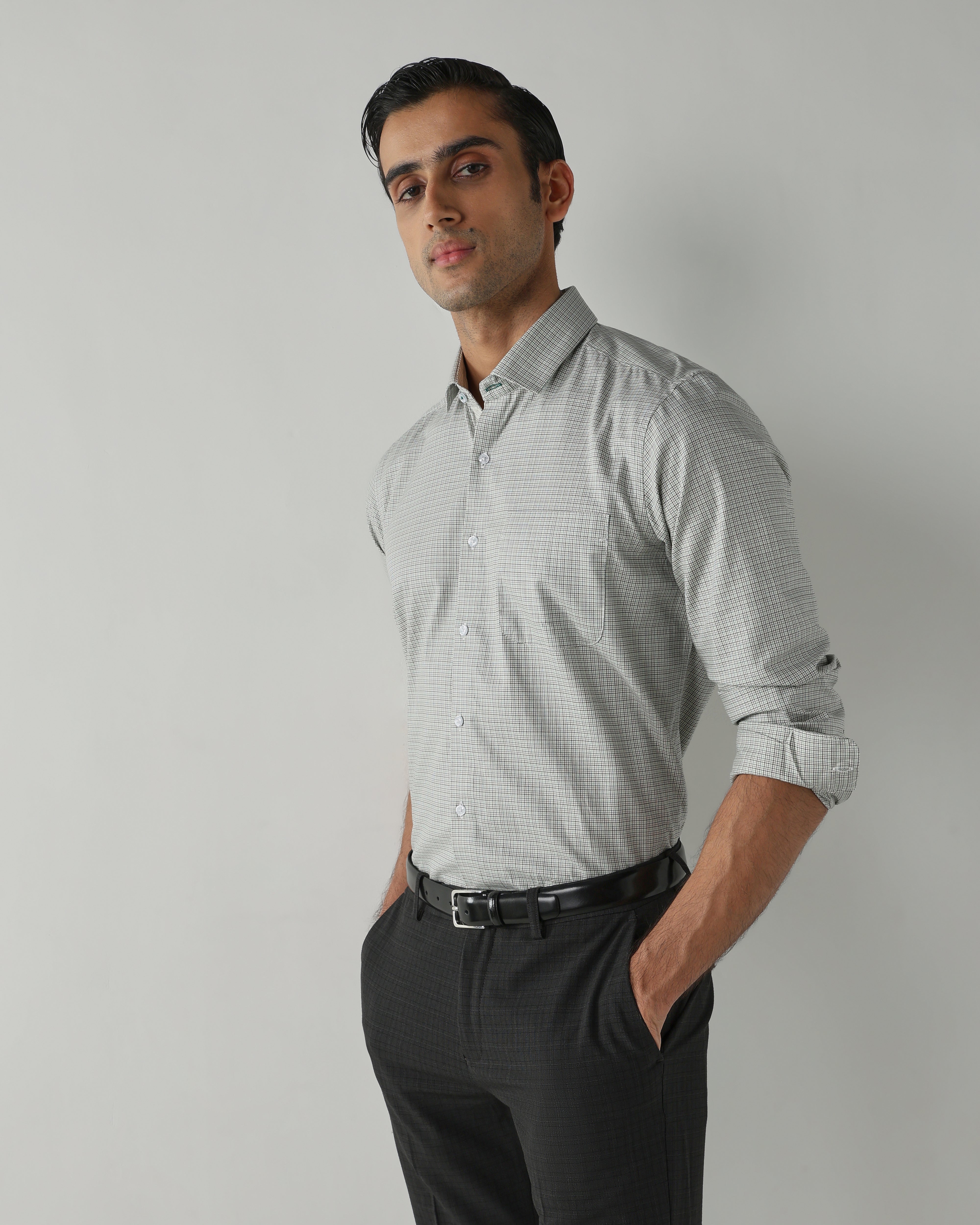 Green/Black Pure Cotton Shirts for Men | Slim Fit Luxury Wear