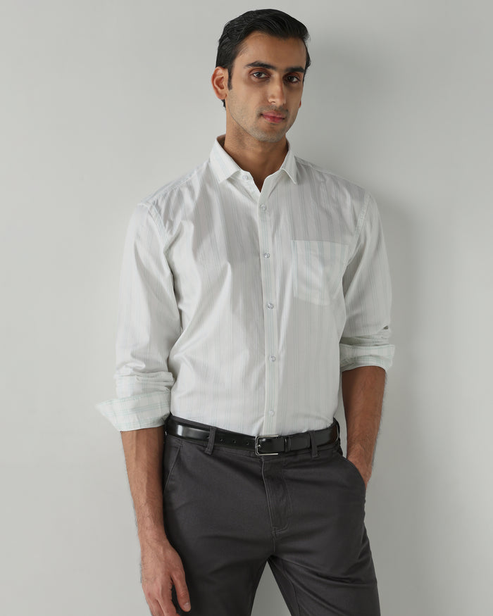 Men's Pure Cotton Stripe Regular Fit Full Sleeve Formal Shirt - White & Green