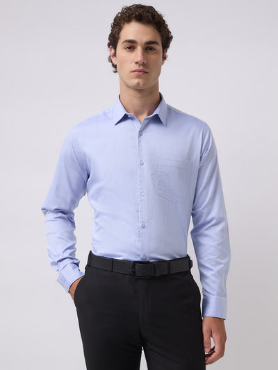 Men's Pure Cotton Herringbone Solid Regular Fit Full Sleeve Formal Shirt - Blue