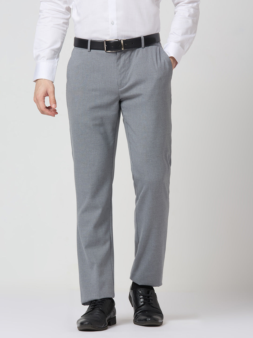 Grey Poly Viscose Elastane Plain Tailor Fit Smart Casual Trousers