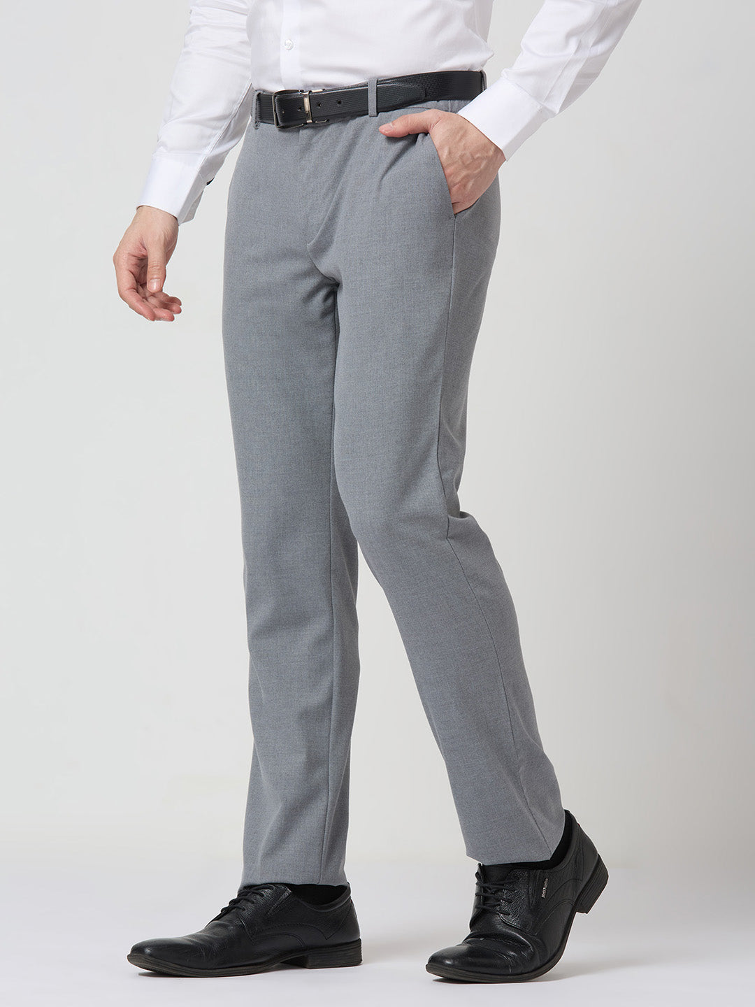 Grey Poly Viscose Elastane Plain Tailor Fit Smart Casual Trousers