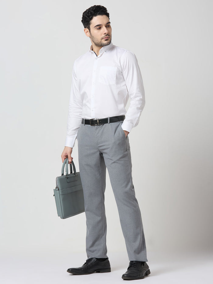 Grey Poly Viscose Elastane Plain Tailor Fit Smart Casual Trousers