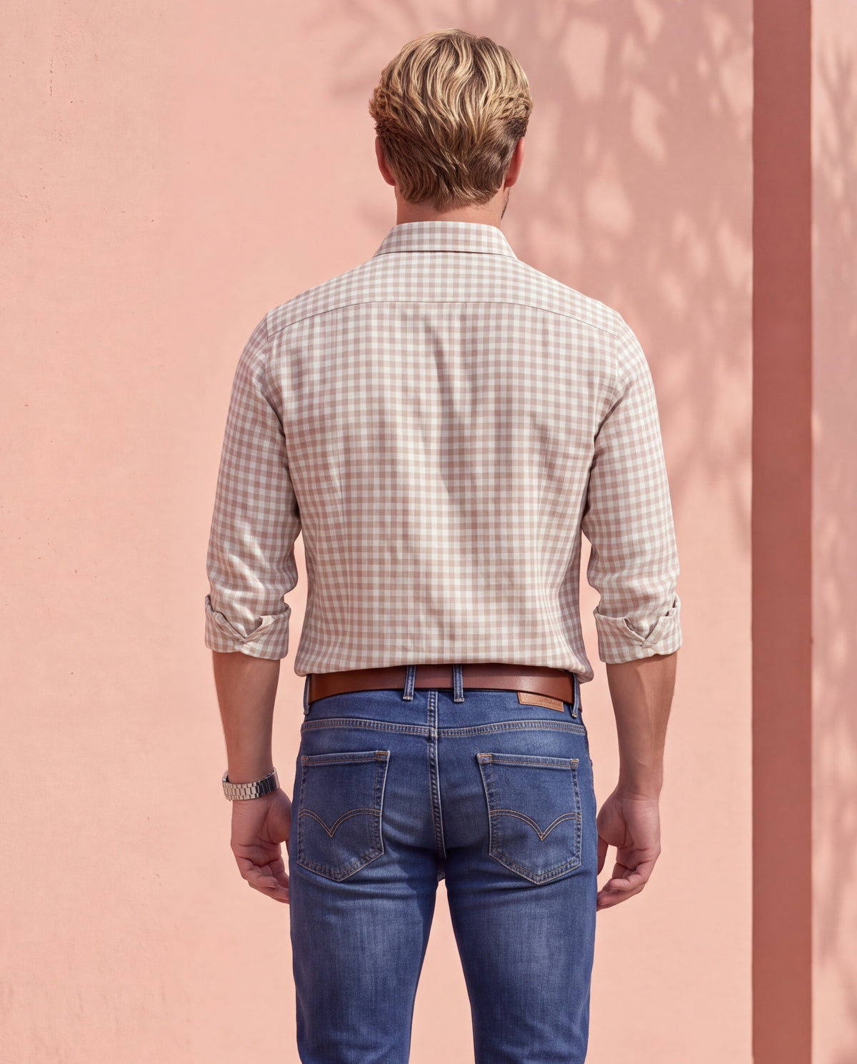 Men's Cotton Linen Checks Slim Fit Full Sleeve Casual Shirt - Brown