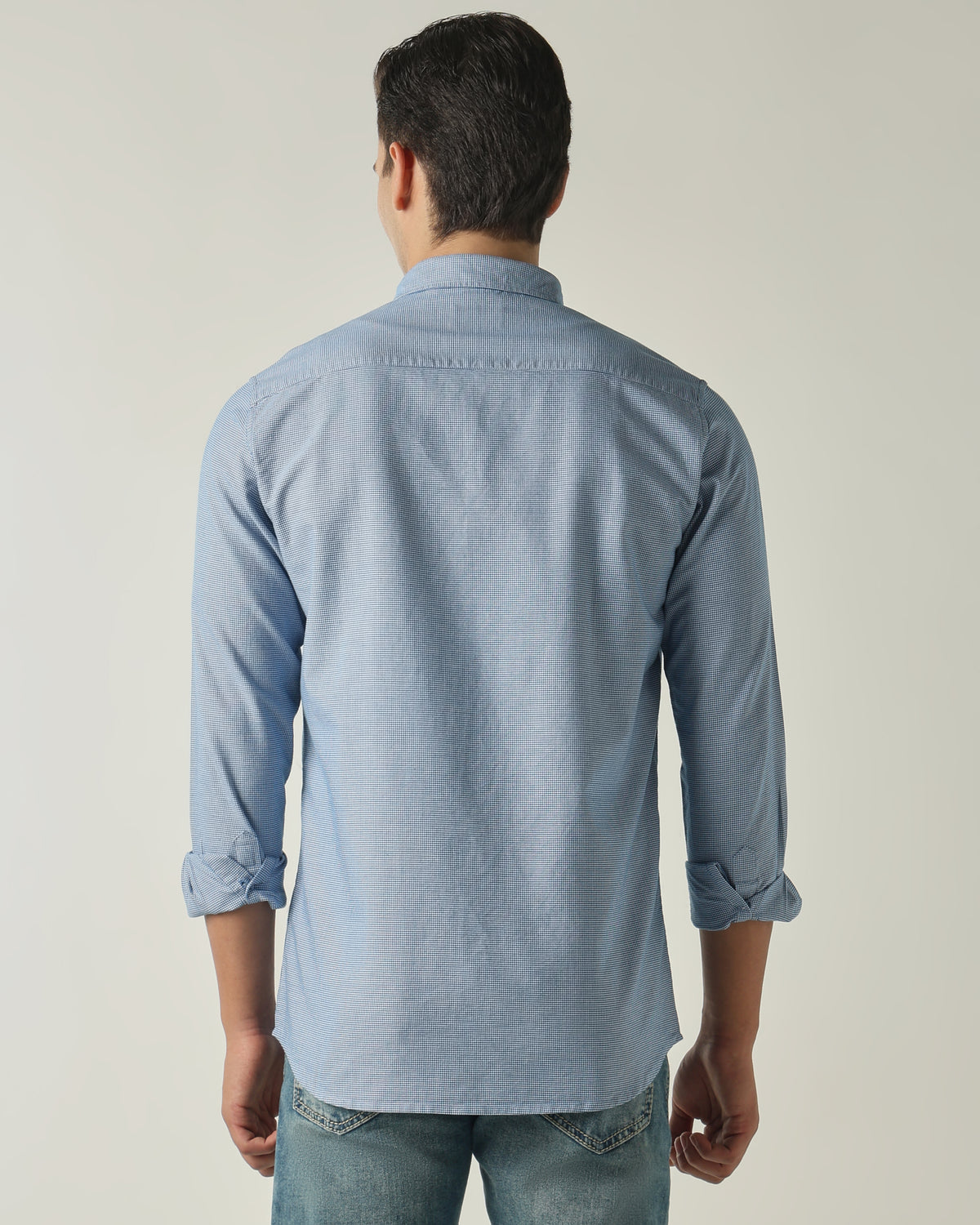 Men's Pure Cotton Houndstooth Checks Slim Fit Full Sleeve Casual Shirt - Blue