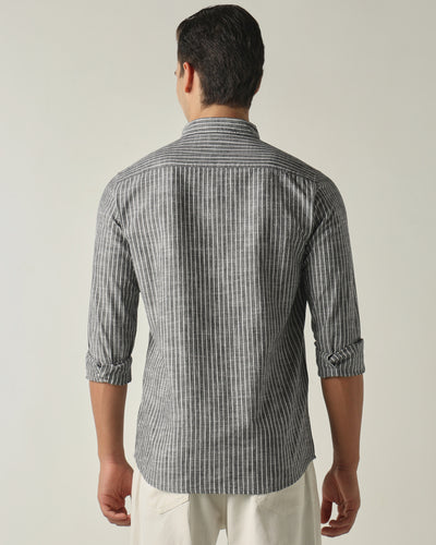 Men's Pure Cotton Stripes Slim Fit Full Sleeve Casual Shirt - Black