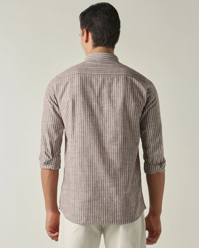 Men's Pure Cotton Stripes Slim Fit Full Sleeve Casual Shirt - Brown