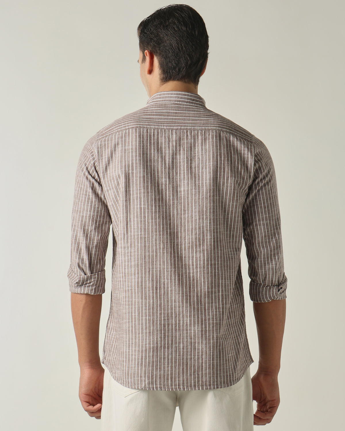 Men's Pure Cotton Stripes Slim Fit Full Sleeve Casual Shirt - Brown