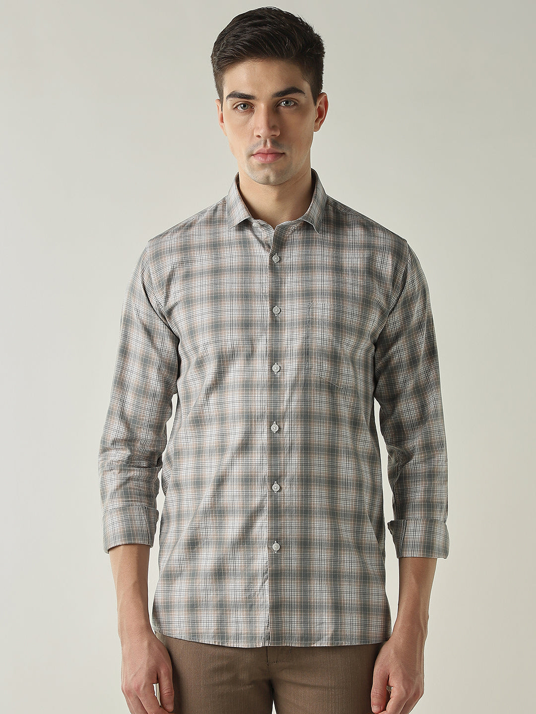Men's Pure Cotton Checks Slim Fit Full Sleeve Casual Shirt - Beige