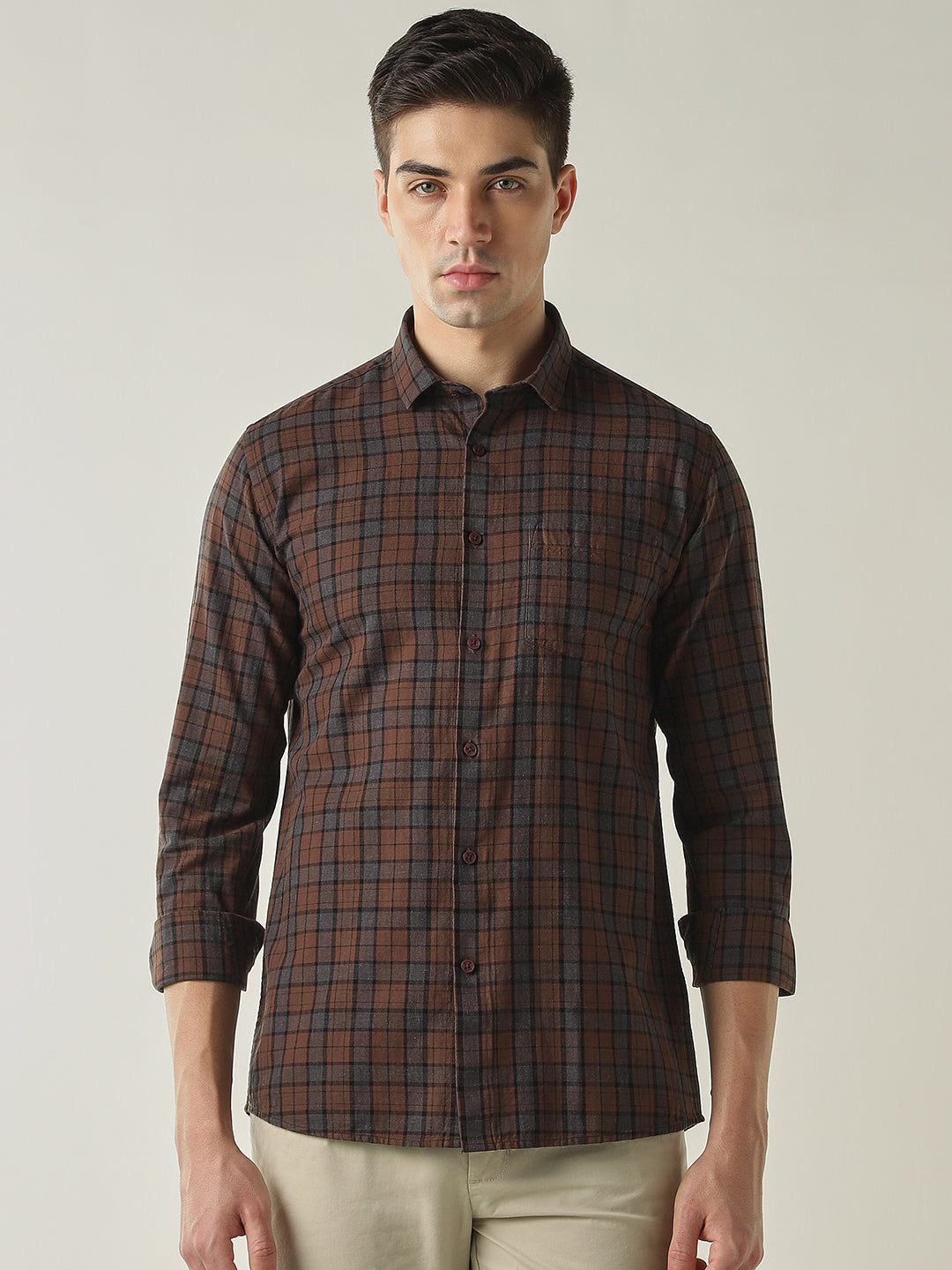 Men's Pure Cotton Checks Slim Fit Full Sleeve Casual Shirt - Brown