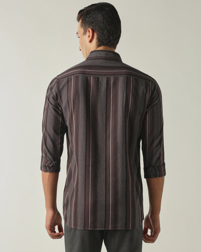 Men's Pure Cotton Stripes Slim Fit Full Sleeve Casual Shirt - Brown