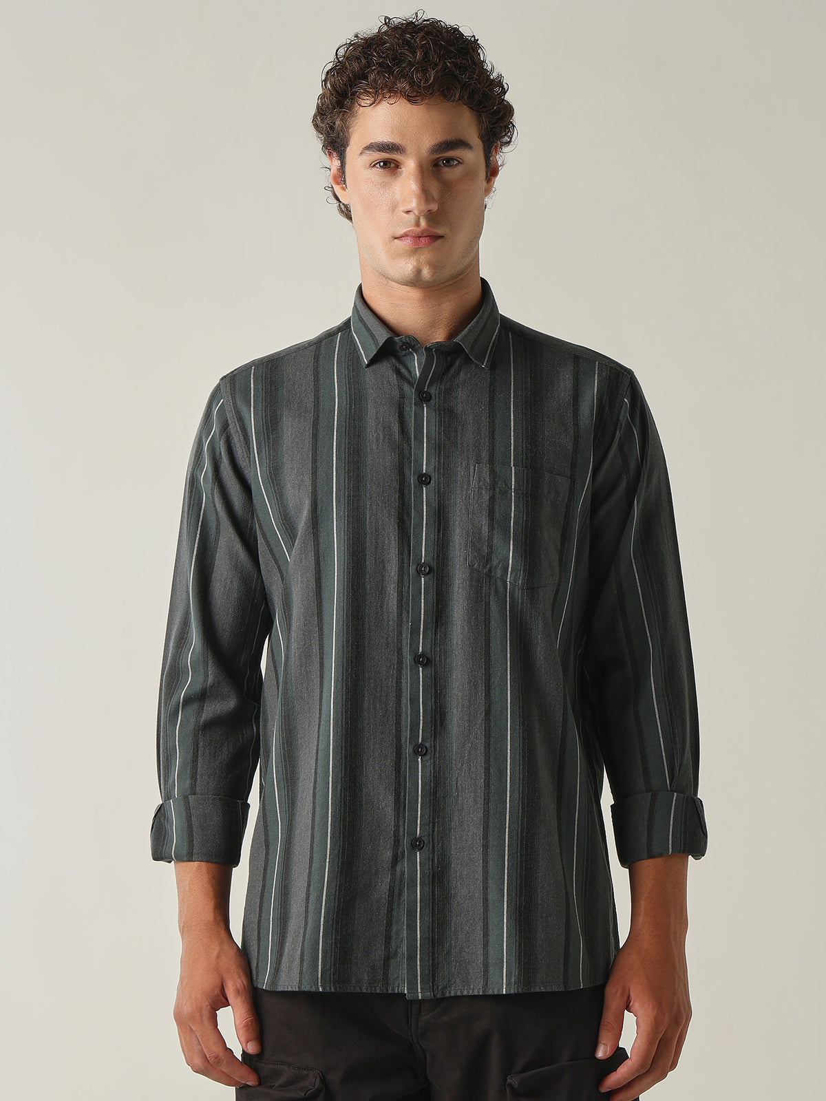 Men's Pure Cotton Stripes Slim Fit Full Sleeve Casual Shirt - Green