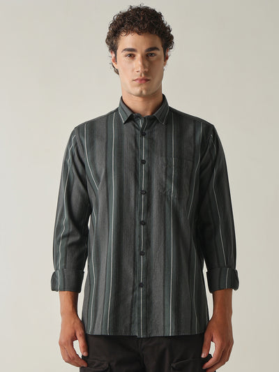 Men's Pure Cotton Stripes Slim Fit Full Sleeve Casual Shirt - Green