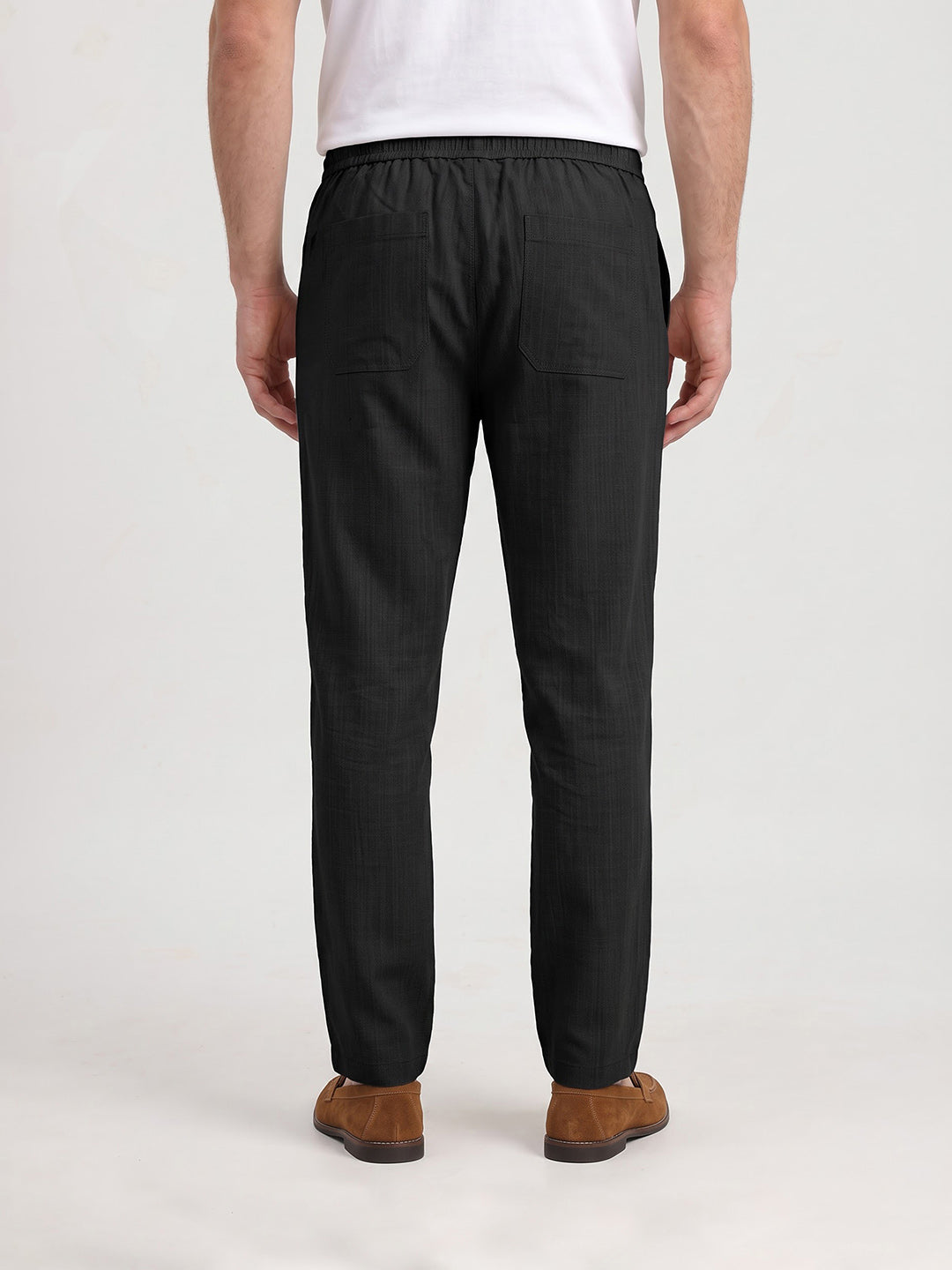 Men's Solid Pure Cotton Regular Fit Casual Trousers - Black