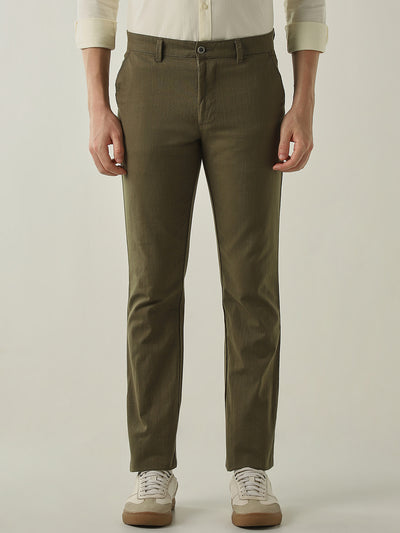 Men's Solid Pure Cotton Solid Regular Fit Casual Trousers - Olive