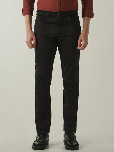 Men's Solid Cotton Lycra Solid Regular Fit Casual Trousers - Black